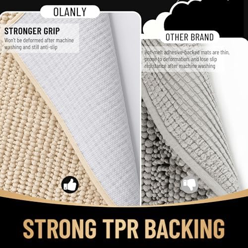 OLANLY Thick Chenille Bathroom Rugs 36x24, Soft Absorbent Bath Mat, Beige - Image 5
