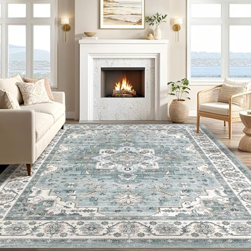 cotiled 9x12 Area Rug for Living Room, Washable, Traditional, Denim Blue - Image 5