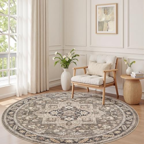 cotiled 6ft Round Living Room Area Rug, Washable, Traditional, Brown by COTILED