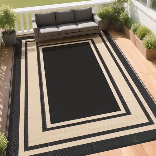 RURALITY Outdoor Rugs 5x8 Waterproof for Patios Clearance,Plastic Straw Mats for Backyard,Porch,Deck,Balcony,Reversible,Black and Beige - Image 3