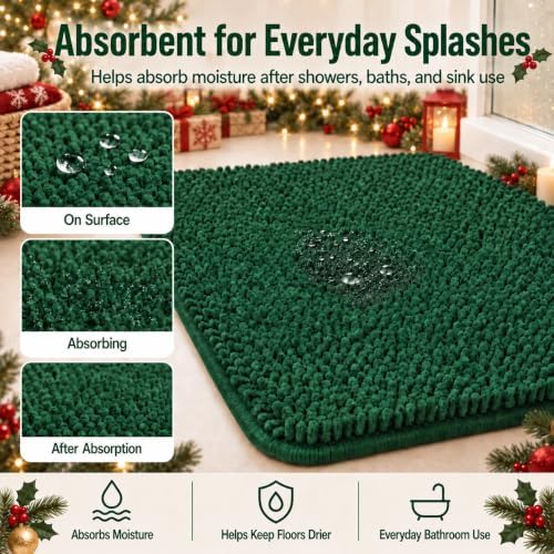 2 Piece Bath Rugs for Bathroom Non Slip - Soft Plush Shaggy Mats Floor, Indoor Entryway Extra Soft Chenille Bath Mat Absorbent Bathroom Rug（Dark Green） - Image 5