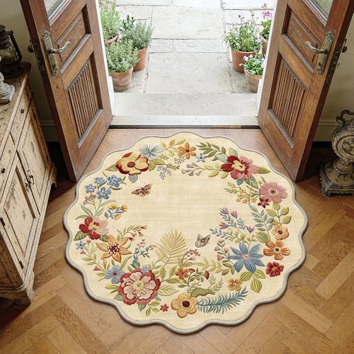 FMFUNCTEX 3ft Round Washable Beige Floral Scalloped Area Rug for Entryway by Fmfunctex