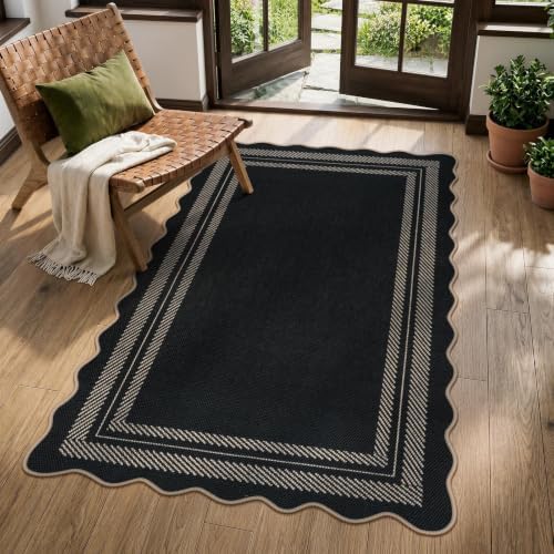 LIVEBOX Scalloped Washable 3x5 Outdoor Rug, Black Easy Jute Rug for Entryway Kitchen, Indoor Non Slip Patio Rugs Farmhouse Neutral Carpet for Bedroom Living Room Backyard Front Door Mat Porch Decor by LIVEBOX