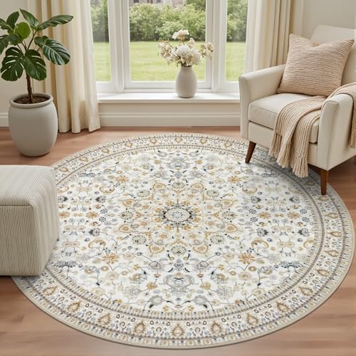 Round Area Rug for Living Room: 6ft Washable Rug for Bedroom Beige - Image 2