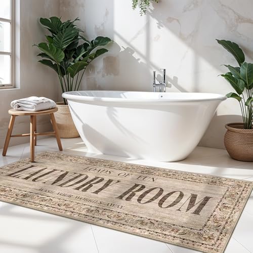 RUUGME Laundry Room Rug Runner 2x5 - Farmhouse Non Slip Carpet for Mudroom Washroom Easy to Clean Washable Stain Resistant Carpets for Bathroom Durable Low Pile Decor Floor Mat 2x5 Natural Wood Brown by RUUGME