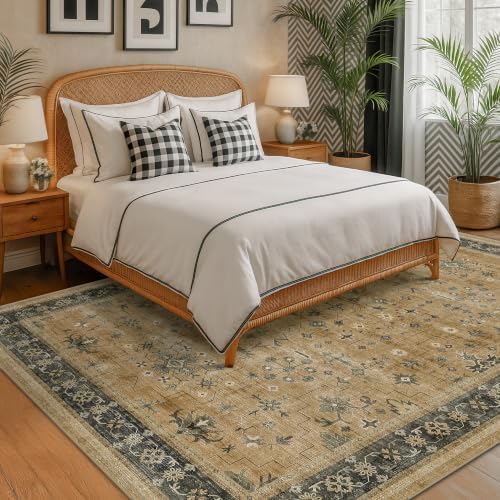 Boho 7x10 Living Room Rug - Washable Rustic Brown and Charcoal Olive Bedroom Area Rug, Modern Vintage Dining Room Carpet, Non-Slip Stain & Fade Resistant - Image 3
