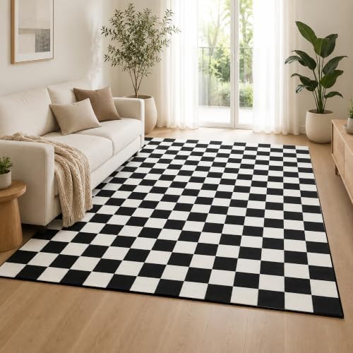 4x6 Checkered Rug for Living Room, soft Low Pile black and white Area Rugs by Unknown