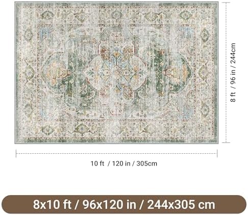 befbee 8x10 Area Rugs for Living Room, Washable Vintage Non Slip Rug Green - Image 2