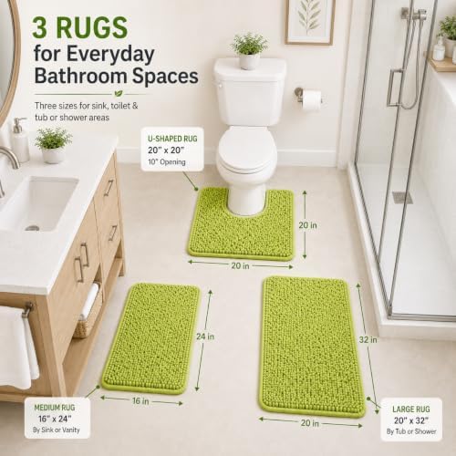 Lime Green Bathroom Rug Set - Extra Soft 3 Piece Anti-Slip Bath Mats, Plush Chenille Shaggy Mat for Living Room, Bedroom, Floor - Water Absorbent Soft Rug - Image 2