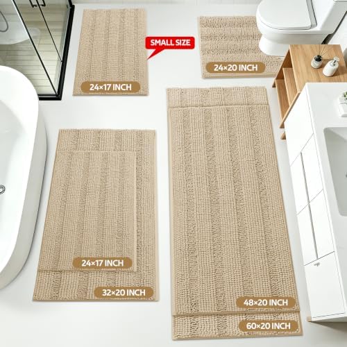 ACCUMTEK Striped Beige Bathroom Rug Mat Set 2 piece 24"x17"+48"x20" Ultra Soft, Non Slip Chenille Bath Rugs, Absorbent Plush Shaggy Bath Mats for Bathroom, Bedroom, Kitchen, Shower, Tub - Image 2