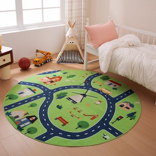 Amazon Basics Kids Washable Round Area Rug, Circle Printed Carpet Play Mat for Living Room, Bedroom, Nursery, Classroom, 6' R, City Road Green - Image 2