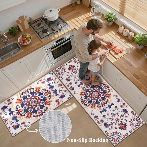 HEBE Boho Kitchen Rugs Set of 3, Non Slip Washable Kitchen Mats for Floor - Image 4