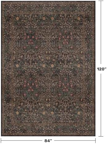Vintage Dark Brown Living Room Rug, 7x10 Washable Area Rugs for Dining Room Under Table, Bedroom, Oriental Low Pile Stain Resistant Non-Slip Thin Soft Carpet - Image 2