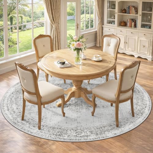 Round Rugs 6ft Washable Rug, Vintage Boho Medallion Rugs Non-Slip Soft Low Pile Circle Distressed Rug Indoor Retro Carpet for Living Room Bedroom Dining Room Home Office (Grey, 6' Round) - Image 4