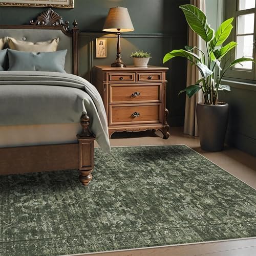 3x5 Washable Entryway Area Rug Non-Slip Retro Dark Green Throw Carpet - Image 2