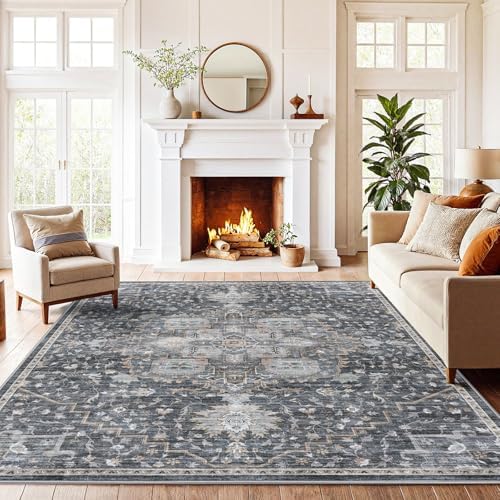 Amada 5x7 Washable Area Rug for Living Room, Gray/Gold, Vintage Pattern by AMADAHOMEFURNISHING