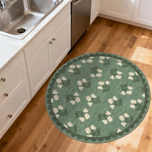 Sage Green 3ft Entryway Round Rug, 3x3 Small Floral Circular Rug - Image 7