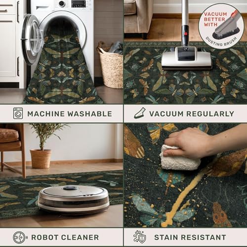 Dark Green Insect 6ft Round Washable Area Rug for Living Room - Non Skid Low Pile & Soft Carpet for Bedroom Beside Bed, Forest Butterfly Design Stain Resistant Home Décor - Image 4