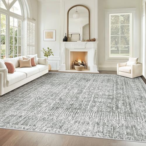 Living Room Rugs 9x12: Washable Moroccan Geometric Boho Rug Farmhouse Non Slip Stain Resistant Large Rug Low Pile Soft Carpet for Bedroom Dining Room Children Room (Grey,9'x12') by VECARF