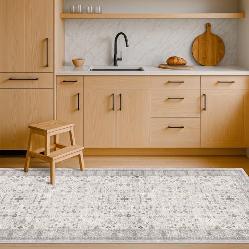 Hazo Haus Boho 2x5 Floral Bathroom Runner Rug - Washable Low Pile Runner Rugs for Laundry Room, Door Mat Indoor Entrance, Neutral Light Gray & Sage Geometric Decor & Stain Resistance - Image 3