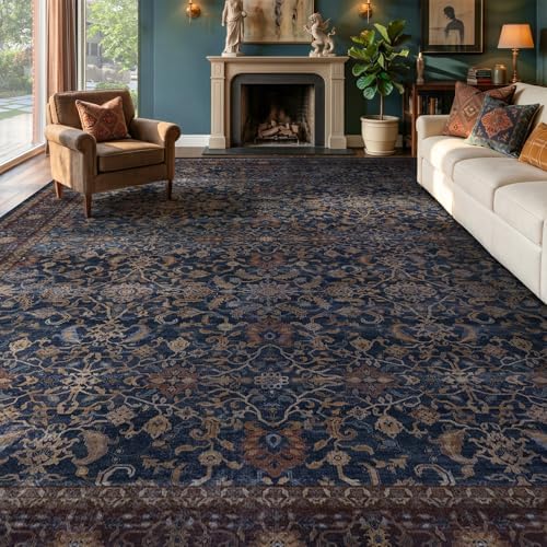 Washable Area Rug 10'x12' Living Room, Vintage Old Money, Dark Blue by Jainmy