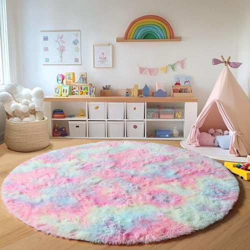 ONASAR Rainbow Round Area Rugs 5ft, Soft Bedroom Circle Rug Mats for Kids Girls Teen Room, Kawaii Fluffy Plush Shaggy Carpet for Dorm Nursery Living Room Playroom Home Decor Princess Castle - Image 3