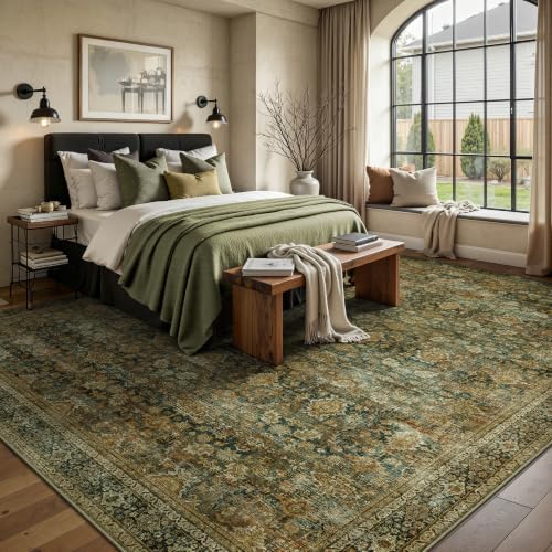 8x10 Area Rugs for Living Room - Washable Vintage Retro Large Rug, Soft Ultra Thin Non Slip Low Pile Traditional Distressed Boho Carpet for Bedroom Dining Room Home Office, Brown Green - Image 4