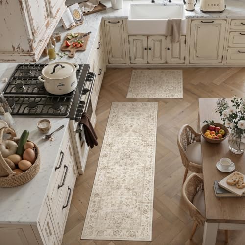 2 Piece Beige Neutral Kitchen Rug Set by WondRg
