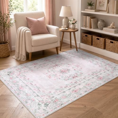 Wonnitar Pink Floral Bow 4x6 Area Rug, Washable Rug for Bedroom by Wonnitar