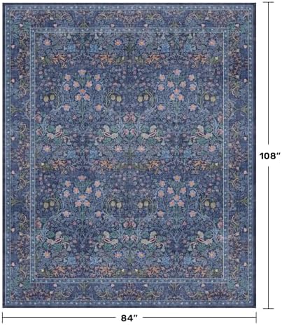 Washable Dining Room Rugs for Under Table - 7x9 Dark Blue Oriental Area Rug for Living Room, Low Pile Non-Slip Floor Carpet for Bedroom Under Bed - Vintage Design & Stain Resistance (7x9 Dark Blue) - Image 2