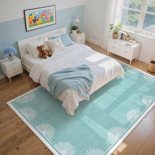 Hedlive Modern Bedroom Rug 8x10 Under Bed, Low Pile Washable Rugs for Living Room,Soft Sun Printed Large Rug,Aqua Dining Room Rugs for Under Table Classroom Dorm(8x10ft, Baby Blue) - Image 3