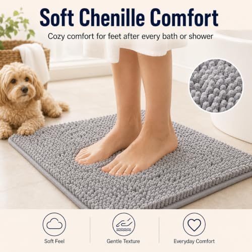 Bathroom Rugs Sets 2 Piece Plush Chenille Bath Rugs Non-Slip Bath Mats Absorbent Shaggy Rugs,Bathtub Mat, Gray Pet Dog Mats,Washable Bathroom Carpet for Tub, Shower, Washroom- 32x20 + 24x16 Inch - Image 3