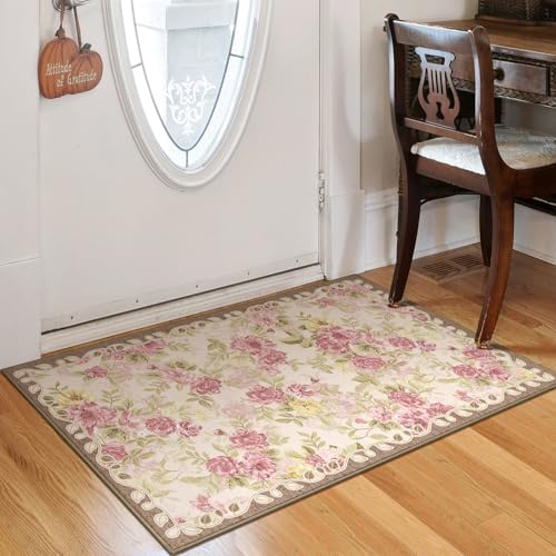 Washable 2x3 Small Area Rug, Cream Boho Floral Non-Slip Entryway Door Mat by GERUIMO