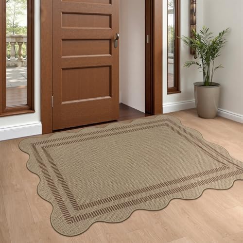 Easy Jute Front Door Mat, 2.6x4 Washable Entryway Rug Non Slip Small Kitchen Rug, Farmhouse Low Pile Floor Scalloped Rugs for Bathroom Porch Doorway - Image 3