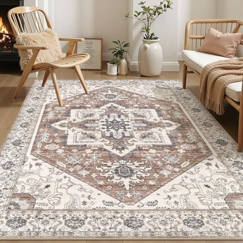 Area Rug 6x9 for Living Room - Washable Oriental Vintage Floral Distressed Large Indoor Carpets with Non Slip Back for Bedroom Dining Room Nursery Office Home Decor -Terracotta/Brown by homewill