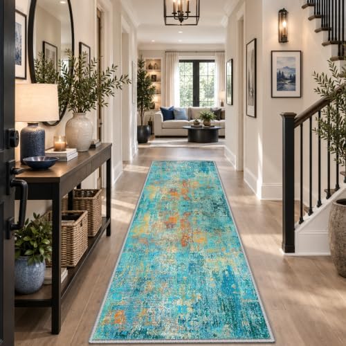 RELEANY Washable Runner 2'x8' Abstract Area Rug for Hallway Teal Multi - Image 2