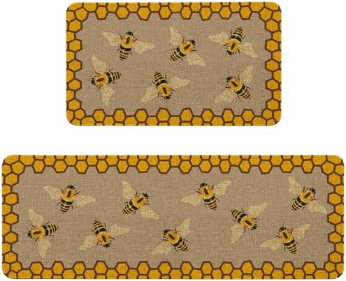 Summer Bee Kitchen Rugs Sets of 2 Non Slip Washable, Farmhouse Rustic Summer Kitchen Mats for Floor 2 Piece Home Decor by Unknown
