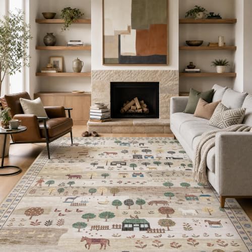 Machine Washable Area Rug 6x9, Soft Whimsical Rug, Vintage Farmhouse Beige - Image 5