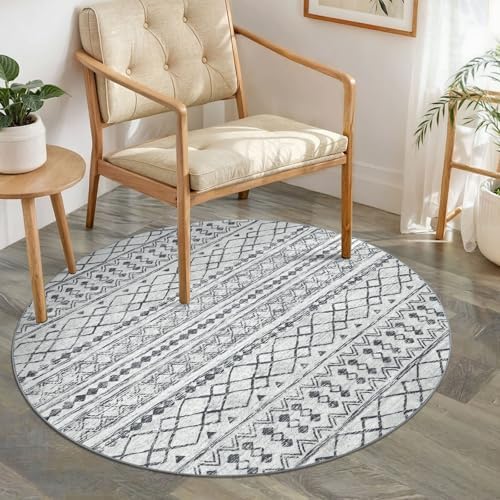 KUTA Boho Geometric Washable Circle Rug 3Ft Grey Moroccan Washable by KUTA