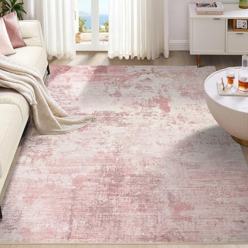 UERMEI 8x10 Area Rug Living Room Rugs - Washable Neutral Modern Abstract Soft Thin Large Rug Indoor Floor No Slip Rug Carpet for Bedroom Under Dining Table Home Office Decor - Pink by UERMEI