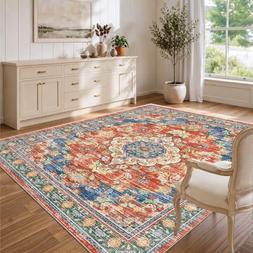 5x7 Area Rugs for Living Room, Boho Washable Non Slip Carpets, Retro Red by tubeamin