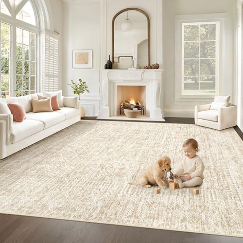 Living Room Rugs 10x14: Washable Moroccan Geometric Boho Rug Farmhouse Non Slip Stain Resistant Large Rug Low Pile Soft Carpet for Bedroom Dining Room Kids Room (Beige,10x14) by VECARF