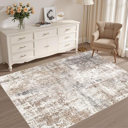 UERMEI 4x6 Area Rug Living Room Rugs - Washable Neutral Modern Abstract Soft Thin Rug Indoor Floor No Slip Rug Carpet for Bedroom Under Dining Table Home Office Decor - Brown/Grey/Red by UERMEI