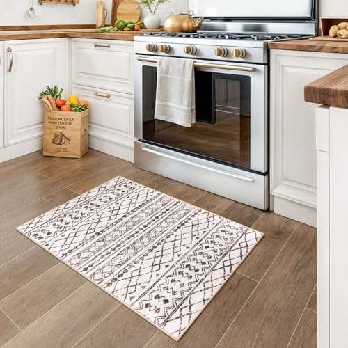 KUTA Moroccan Boho Kitchen Rugs, 2x3 Brown Cream Entryway Rug - Image 4