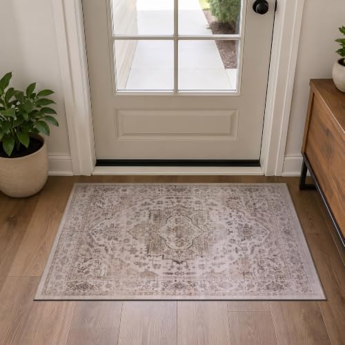 Rugshop Vintage Medallion Machine Washable Non-Slip Area Rug, 2'x4' Cream by Rugshop