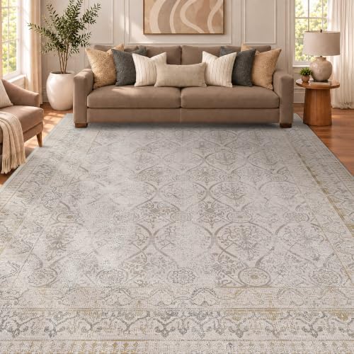 Ivory Transitional 8x10 Area Rugs for Living Room & Bedroom, Non-Slip Washable Vintage Distressed Rug for Dining Room, Low Pile Stain Resistant Floor Carpet, Soft Transitional Décor by TALANOVA