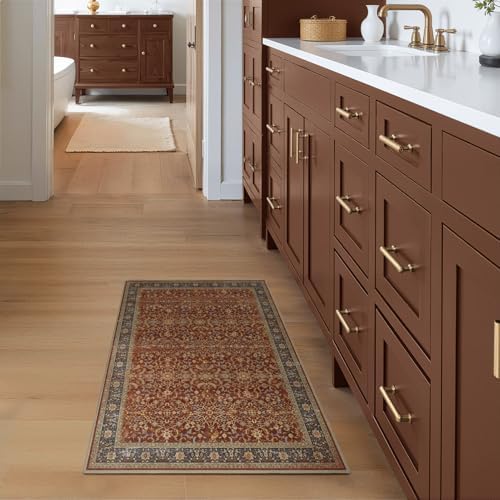 Washable Entryway Rug 2x3, Vintage Print Kitchen Bathroom Rugs Non Slip, Maximalist Small Rug for Bedroom Old Money Aesthetic, Low Pile Ultra Thin Door Mat Indoor Entrance, Deep Burnt Orange - Image 4