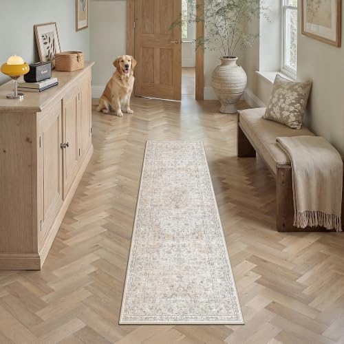2x6 Washable Runner Rug Beige Grey Non Slip Vintage Carpet by WondRg