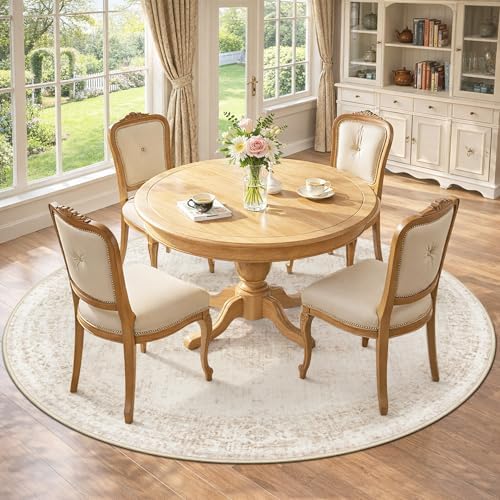 Round Rugs 5ft Washable Rug, Vintage Boho Medallion Rugs Non-Slip Soft Low Pile Circle Distressed Rug Indoor Retro Carpet for Living Room Bedroom Dining Room Home Office (Beige, 5' Round) - Image 4