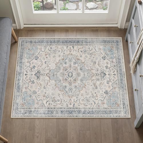 PureCozy Blue Area Rug 2x3 Entryway Vintage Floral Non-Slip Door Mat - Image 2
